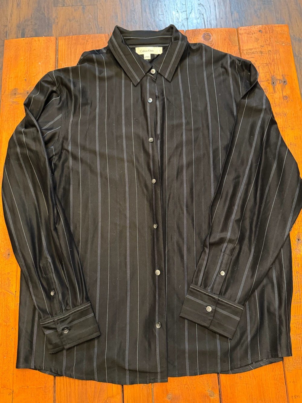 Calvin Klein Men's Black Shirt with Subtle Gray Pinstripes